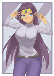 Rule 34 | 1girl, absurdres, belt, blue background, blue eyes, breasts, closed mouth, dark-skinned female, dark skin, denim, double v, earrings, forehead jewel, hair down, highres, jeans, jewelry, long hair, looking at viewer, pants, pointy ears, purple hair, ref, shantae, shantae (series), simple background, smile, solo, sweater, tiara, turtleneck, turtleneck sweater, v, very long hair, white sweater