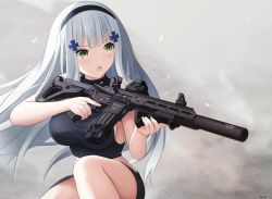 Rule 34 | 1girl, :o, assault rifle, bare arms, bare shoulders, black hairband, black shirt, black skirt, blouse, blush, breasts, commentary, facial mark, german flag, girls&#039; frontline, green eyes, gun, h&amp;k hk416, hair ornament, hairband, halterneck, highres, hk416 (girls&#039; frontline), holding, holding gun, holding weapon, keenh, large breasts, long hair, looking away, looking to the side, midriff, name connection, object namesake, on one knee, open mouth, rifle, shirt, silver hair, skirt, sleeveless, sleeveless shirt, solo, suppressor, taut clothes, taut shirt, thighs, trigger discipline, very long hair, weapon
