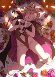 Rule 34 | 1girl, barefoot, blonde hair, blush, breasts, candy, cape, clothing cutout, fangs, food, full body, girls&#039; frontline, groin, hair ornament, halloween, halloween costume, head tilt, holding, holding food, leotard, long hair, looking at viewer, m1919a4 (carmilla) (girls&#039; frontline), m1919a4 (girls&#039; frontline), mouth hold, nail polish, navel, navel cutout, official alternate costume, open mouth, pointy ears, red eyes, satsuki neko, slit pupils, smile, solo, thighs, vampire, vampire costume