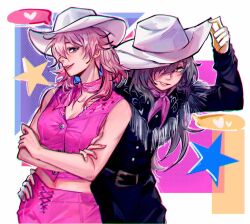 Rule 34 | 2girls, alternate costume, barbie (character), barbie (character) (cosplay), barbie (franchise), barbie (live action), belt, black sleeves, breasts, commentary, cosplay, cowboy hat, english commentary, hand on another&#039;s hip, hat, highres, honkai: star rail, honkai (series), imnotxreitive, ken (barbie), ken (barbie) (cosplay), march 7th (honkai: star rail), medium breasts, medium hair, multiple girls, pink hair, pink scarf, scarf, simple background, sleeveless, smile, star (symbol), stelle (honkai: star rail), trailblazer (honkai: star rail), white headwear, yellow eyes