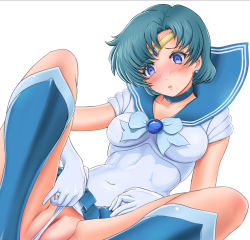 Rule 34 | 1990s (style), 1girl, :o, bishoujo senshi sailor moon, blue eyes, blue footwear, blue sailor collar, blush, boots, breasts, circlet, clothes lift, clothing aside, earrings, gloves, green hair, jewelry, knee boots, leotard, leotard aside, magical girl, medium breasts, mizuno ami, navel, panties, panties aside, purple eyes, pussy, retro artstyle, sailor collar, sailor mercury, short hair, simple background, skirt, skirt lift, solo, sonota taisei, uncensored, underwear, upskirt, white background, white gloves