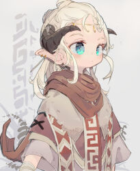 Rule 34 | 1girl, blonde hair, dated commentary, dress, ear piercing, green eyes, grey background, grey dress, head chain, highres, horns, jewelry, long hair, nep (nep 76), original, piercing, pointy ears, scarf, solo, upper body