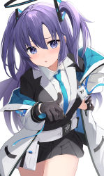 Rule 34 | 1girl, absurdres, belt, belt pouch, black gloves, black skirt, black suit, blue archive, blue jacket, blue necktie, blush, breasts, collared shirt, cowboy shot, gloves, hair between eyes, hair ornament, half gloves, halo, highres, id card, jacket, lapels, long hair, long sleeves, looking at viewer, miniskirt, necktie, nokke o, off shoulder, open clothes, open jacket, parted lips, pleated skirt, pointing, pointing at viewer, pouch, purple eyes, purple hair, shirt, simple background, skirt, solo, suit, two side up, white background, white belt, white jacket, white shirt, yuuka (blue archive)