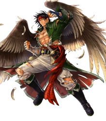 Rule 34 | 1boy, abs, bandages, belt, boots, dagger, ear piercing, feathered wings, feathers, fire emblem, fire emblem: path of radiance, fire emblem: radiant dawn, fire emblem heroes, full body, headband, highres, knife, male focus, nintendo, official art, one eye closed, open clothes, open shirt, piercing, pointy ears, scar, solo, suekane kumiko, teeth, tibarn, torn clothes, transparent background, weapon, wings