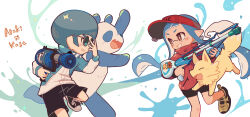 Rule 34 | 1boy, 1girl, adjusting eyewear, afro, black footwear, black shorts, blue-tinted eyewear, blue hair, blue jacket, bright pupils, brown eyes, commentary request, fox, grin, h-3 nozzlenose (splatoon), hat, holding, holding weapon, inkling, inkling girl, inkling player character, jacket, long hair, long sleeves, multicolored clothes, multicolored jacket, nintendo, octoling, octoling boy, octoling player character, panda, pointy ears, rechain, red eyes, red hat, red jacket, round eyewear, shoes, shorts, smile, sneakers, splatoon (series), splatter background, squiffer (splatoon), sunglasses, tentacle hair, thick eyebrows, tinted eyewear, twintails, two-tone jacket, visor cap, weapon, white background, white jacket, white pupils, yellow footwear