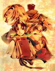 Rule 34 | 1girl, 4boys, blonde hair, brown eyes, brown hair, from side, gensou suikoden, gensou suikoden i, gremio (suikoden), highres, long sleeves, looking at viewer, multiple boys, odessa silverberg, profile, short hair, tabard, tamachi kuwa, tattoo, ted, ted (suikoden), teo mcdohl, tir mcdohl, upper body