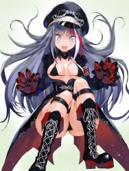 Rule 34 | 1girl, ariso kaoru, ass, azur lane, bikini, black bikini, black coat, black footwear, black hair, blue eyes, boots, breasts, breasts apart, choker, coat, commentary request, covered erect nipples, cross, cross-laced footwear, deutschland (azur lane), fangs, floating hair, goggles, goggles on headwear, grey hair, happy, hat, iron cross, lace-up boots, long hair, looking at viewer, medium breasts, multicolored hair, open mouth, peaked cap, platform boots, platform footwear, prosthesis, prosthetic hand, red hair, sharp teeth, shoelaces, smile, solo, swimsuit, teeth, thighs, trench coat, underboob, very long hair, white background, white hair