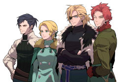 1girl 3boys belt black_fur black_gloves black_shirt blonde_hair blue_belt blue_eyes blue_hair blue_pants brown_belt buttons cape collared_shirt commentary cowboy_shot crossed_arms dark_blue_hair dimitri_alexandre_blaiddyd dress eyepatch felix_hugo_fraldarius fire_emblem fire_emblem:_three_houses fur-trimmed_cape fur-trimmed_sleeves fur_trim gloves green_cape green_dress green_eyes green_ribbon green_shirt hair_ribbon hand_on_own_hip hashtag-only_commentary highres ingrid_brandl_galatea layered_clothes light_smile long_sleeves multiple_belts multiple_boys nintendo one_eye_closed one_eye_covered orange_eyes pants parted_bangs ponytail red_fur red_gloves red_hair redlhzz ribbon shirt short_ponytail simple_background sleeves_rolled_up smile sylvain_jose_gautier tassel turtleneck white_background white_fur yellow_eyes yellow_fur