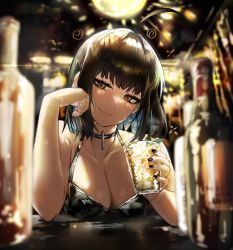Rule 34 | 1girl, absurdres, ahoge, alcohol, bad id, bad twitter id, black hair, black nails, blue hair, blush, bottle, breasts, brown eyes, choker, cleavage, collarbone, colored inner hair, cross, cross choker, cross earrings, cup, dress, drunk, earrings, glass, hand on own face, hand on table, highres, holding, holding cup, ice, irene (kanniiepan), jewelry, kanniiepan, looking to the side, medium breasts, medium hair, mole, mole on breast, mole under eye, multicolored hair, nail polish, original, smile, solo, squeans, two-tone hair