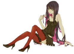 Rule 34 | 10s, 1girl, aqua eyes, bad id, bad pixiv id, colored inner hair, full body, high heels, long hair, melisaseventeen, multicolored hair, nail polish, panty &amp; stocking with garterbelt, purple hair, red nails, red thighhighs, shoes, simple background, solo, spoon, stocking (psg), thighhighs