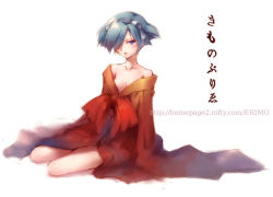 Rule 34 | 1girl, blue eyes, blue hair, bow, collarbone, expressionless, japanese clothes, looking at viewer, matching hair/eyes, nishimura eri, no bra, original, red bow, short hair, sitting, solo, watermark, web address, white background