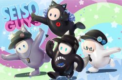 Rule 34 | 4others, animal ears, black headwear, black necktie, blue eyes, blue hair, cat ears, demon tail, drill hair, earrings, english text, fake animal ears, fall guy, fall guys, floating, full body, green eyes, highres, jewelry, long hair, microphone symbol, multicolored background, multiple others, necklace, necktie, pixiv logo, sinensian, standing, star (symbol), tail, teeth print, twin drills, twitter logo, wolf ears, wolf tail