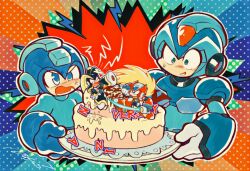 Rule 34 | 4boys, android, anger vein, bass (mega man), battle, blonde hair, blue eyes, cake, commentary, english commentary, food, green eyes, helmet, highres, holding, holding sword, holding weapon, long hair, male focus, mega man (character), mega man (classic), mega man (series), mega man x (series), multiple boys, nongura, sword, weapon, x (mega man), z saber, zero (mega man)