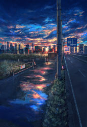 Rule 34 | bush, cable, city lights, cityscape, cloud, cloudy sky, evening, fence, grass, highres, landscape, no humans, original, outdoors, pippi (pixiv 1922055), puddle, reflection, road, road sign, scenery, sign, sky, traffic cone