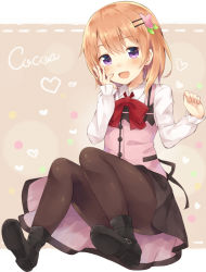 Rule 34 | 1girl, black footwear, black pantyhose, black skirt, boots, bow, bowtie, buttons, character name, collared shirt, convenient leg, gochuumon wa usagi desu ka?, hair between eyes, hair ornament, hairclip, hand on own cheek, hand on own face, heart, hoto cocoa, long sleeves, looking at viewer, open mouth, orange hair, pantyhose, pink vest, purple hair, rabbit house uniform, red bow, red bowtie, shirt, short hair, sidelocks, skirt, solo, two-tone background, vest, wheel (misoshire), white shirt
