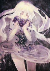 Rule 34 | 1girl, abstract, bouquet, cloud, convenient censoring, covered mouth, eyelashes, closed eyes, floating hair, flower, hair between eyes, highres, holding, hydrangea, ichikawa sae, liquid, long hair, melting, no midriff, nude, original, painting (medium), petals, purple flower, rain, solo, space, standing, star (sky), thighs, traditional media, watercolor (medium), white hair