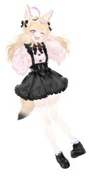 Rule 34 | 1girl, ;d, ahoge, animal ear fluff, animal ears, black bow, black bowtie, black skirt, blonde hair, blush, bow, bowtie, floating hair, fox ears, fox tail, full body, hair bow, highres, hololive, kou mashiro, long hair, long sleeves, multicolored hair, omaru polka, one eye closed, open mouth, pink hair, pink sweater, purple eyes, shoes, simple background, skirt, smile, solo, streaked hair, suspender skirt, suspenders, sweater, tail, virtual youtuber, white background