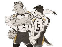 Rule 34 | 2boys, akaashi keiji, animal ears, black fur, black hair, black shorts, body fur, bokuto koutarou, chengongzi123, claws, commentary, cowboy shot, crossed arms, dog boy, dog ears, dog tail, furrification, furry, furry male, grey fur, grey hair, grin, haikyuu!!, high collar, highres, jacket, jacket on shoulders, looking to the side, male focus, multicolored hair, multiple boys, own hands together, sharp teeth, shirt, short hair, short sleeves, shorts, simple background, smile, sportswear, standing, streaked hair, symbol-only commentary, t-shirt, tail, teeth, thick eyebrows, toned, toned male, very short hair, volleyball uniform, white background, white jacket, white shirt, wolf boy, wolf ears, wolf tail, yellow eyes