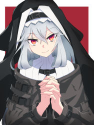 Rule 34 | 1girl, arknights, black dress, capelet, closed mouth, dress, fubou (0503oekaki24), habit, hair between eyes, highres, long sleeves, nun, own hands clasped, own hands together, red eyes, silver hair, smile, solo, specter (arknights), turtleneck