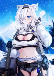 Rule 34 | 1girl, :o, absurdres, animal ears, arknights, ataririri, aurora (arknights), bear ears, black gloves, black hairband, black shirt, blue eyes, blue sky, blush, breasts, chaps, cleavage, cleavage cutout, clothing cutout, commentary request, cowboy shot, crop top, cropped jacket, day, gloves, grey shorts, hair over one eye, hairband, hand up, highres, jacket, long hair, long sleeves, looking at viewer, midriff, mountain, navel, outdoors, parted lips, pouch, shirt, short shorts, shorts, sky, solo, stomach, very long hair, white hair, white jacket