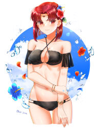 Rule 34 | 1girl, absurdres, alternate costume, bikini, black bikini, breasts, circlet, cleavage, cloud, commentary, earrings, fire emblem, fire emblem: the binding blade, flower, hair flower, hair ornament, hand on own arm, highres, jewelry, looking to the side, medium breasts, melady (fire emblem), nintendo, red eyes, red hair, short hair, sky, swimsuit, tsukimura (d24f4z8j3t)