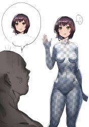 Rule 34 | 1boy, 1girl, :d, ?, blush, bodysuit, bow (bhp), breasts, covered erect nipples, covered navel, faceless, faceless male, fake transparency, groin, meme, open mouth, original, purple hair, revision, short hair, simple background, skin tight, smile, spoken question mark, white background, yellow eyes