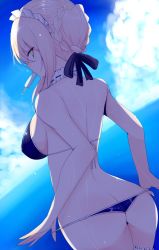 1girl artoria_pendragon_(all) artoria_pendragon_(alter_swimsuit_rider)_(second_ascension)_(fate) artoria_pendragon_(fate) ass bare_arms bikini bikini_pull blonde_hair blue_bikini blue_sky braid breasts butt_crack clothes_pull cloud cloudy_sky cowboy_shot day duplicate fate/grand_order fate_(series) food from_behind hair_ribbon han_(jackpot) large_breasts looking_at_viewer maid maid_bikini maid_headdress mouth_hold outdoors popsicle profile ribbon saber_alter sideboob sky solo swimsuit thong_bikini unconventional_maid yellow_eyes