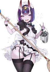 Rule 34 | 1girl, absurdres, alternate costume, apron, black thighhighs, bob cut, breasts, broom, dress, fangs, fate/grand order, fate (series), female focus, frills, headpiece, highres, horns, lips, looking at viewer, maid, maid apron, maid headdress, nekometaru, oni, open mouth, purple eyes, purple hair, revealing clothes, short eyebrows, short sleeves, shuten douji (fate), simple background, skin-covered horns, skirt, small breasts, smile, solo, thighhighs, waist apron, white background, wrist cuffs