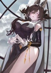 Rule 34 | 1girl, absurdres, animal ears, artist name, black dress, blue sky, blush, breasts, closed eyes, closed mouth, cloud, cloudy sky, commentary request, detached sleeves, dress, erune, galleon (granblue fantasy), gloves, granblue fantasy, hat, highres, horns, large breasts, lips, long hair, mole, mole under mouth, nikumocchi, side slit, signature, simple background, sky, thighs, white gloves