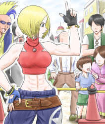 Rule 34 | abs, bare shoulders, belt, blonde hair, blue eyes, blue mary, breasts, crop top, duck king, fatal fury, finger gun, fingerless gloves, gloves, harukai (sanhon), highres, large breasts, muscular, muscular female, pants, short hair, sleeveless, the king of fighters