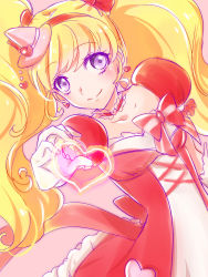 Rule 34 | 1girl, asahina mirai, blonde hair, bow, breasts, choker, closed mouth, collarbone, cure miracle, cure miracle (ruby style), dress, earrings, elbow gloves, floating hair, frilled sleeves, frills, gloves, hair bow, hairband, hat, heart, heart choker, heart earrings, highres, jewelry, long hair, looking at viewer, mahou girls precure!, mini hat, pink background, pink headwear, precure, purple eyes, red bow, red hairband, shipu (gassyumaron), short sleeves, sketch, small breasts, smile, solo, very long hair, white gloves, witch hat