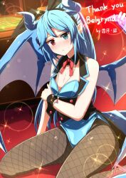 Rule 34 | 1girl, black hairband, blue eyes, blue leotard, blue wings, blush, bow, bowtie, closed mouth, commentary, commission, demon wings, english commentary, fishnet pantyhose, fishnets, hairband, heterochromia, horns, jewelry, leotard, long hair, looking at viewer, original, oversized breast cup, pantyhose, pendant, pointy ears, red bow, red bowtie, red eyes, sazanami mio (style), shimotsuki aoi, sitting, skeb commission, solo, virtual youtuber, wings, wrist cuffs