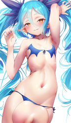 Rule 34 | 1girl, bikini, blue bikini, blue hair, blue nails, bombergirl, brown eyes, female focus, flat chest, groin, hair between eyes, hesoten, highres, lewisia aquablue, looking at viewer, lying, nail polish, navel, parted lips, pointy ears, side-tie bikini bottom, simple background, skindentation, slit pupils, smile, solo, swimsuit, twintails, white background