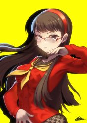 Rule 34 | 1girl, amagi yukiko, breasts, brown hair, cardigan, collarbone, commentary, contrapposto, floating hair, gaothun, glasses, hairband, hand on own stomach, hand up, highres, houndstooth, large breasts, long hair, long sleeves, looking at viewer, neckerchief, parted lips, persona, persona 4, red cardigan, red shirt, school uniform, serafuku, shadow, shirt, signature, smile, solo, teeth, upper body, yellow background