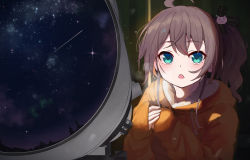Rule 34 | 1girl, ahoge, aqua eyes, brown hair, cat hair ornament, hair ornament, hololive, hood, hooded jacket, jacket, natsuiro matsuri, night, open mouth, ponytail, reflection, solo, star (sky), stargazing, tagame (tagamecat), telescope, upper body, virtual youtuber