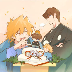 Rule 34 | 2boys, alternate costume, black kimono, blonde hair, blue-eyes white dragon, blue eyes, blue hakama, blue kimono, blue robe, blue sweater, brown hair, chibi, chibi inset, chinese commentary, closed eyes, commentary, confetti, crossed arms, eating, expressionless, food, food on head, food request, fruit, fruit hat, fruit on head, hakama, hand up, happy, highres, inkerpape, japanese clothes, jonouchi katsuya, kaiba seto, kimono, laughing, looking down, male focus, multiple boys, new year, object on head, one eye closed, open clothes, open mouth, open robe, orange background, pointing, pom pom (clothes), red ribbon, ribbon, robe, short hair, sigh, sitting, smile, standing, sweater, yellow ribbon, yu-gi-oh!, yu-gi-oh! duel monsters