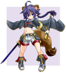 Rule 34 | 1girl, :&lt;, ahoge, animal ears, armor, belt, boots, braid, breasts, brooch, coat, crop top, extra ears, floating hair, frown, full body, hip focus, holding, holding weapon, jewelry, karukan (monjya), long hair, matsuhime mujina, midriff, navel, open clothes, open coat, pigeon-toed, pointy ears, purple eyes, purple hair, raccoon ears, raccoon tail, ribbon, scabbard, serious, sheath, shinrabanshou, shorts, shuriken, simple background, single braid, small breasts, solo, standing, studded belt, sword, tail, unsheathed, vambraces, weapon