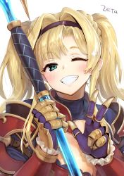 Rule 34 | 1girl, blush, braid, breasts, cleavage, cleavage cutout, clothing cutout, granblue fantasy, granblue fantasy versus, grin, highres, holding, holding weapon, polearm, smile, solo, spear, toruneko, twintails, v, weapon, zeta (granblue fantasy)