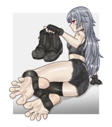 Rule 34 | 1girl, absurdres, arm support, ass, bandaid, bandaid on arm, bare legs, barefoot, black footwear, black gloves, black shirt, black shorts, boots, breasts, closed mouth, commission, feet, fingerless gloves, foot focus, footprints, foreshortening, full body, gloves, grey hair, highres, holding, holding shoes, light blush, long hair, looking at viewer, lying, on side, original, profile, red eyes, shirt, shoes, short shorts, shorts, sideboob, skindentation, sleeveless, sleeveless shirt, small breasts, soles, stirrup legwear, thighs, toeless footwear, toeless legwear, toes, tsukimaru (ls 99ml), unworn shoes