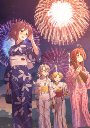 Rule 34 | 4girls, aerial fireworks, ahoge, alternate costume, alternate hairstyle, arashi (kancolle), asymmetrical hair, bag, bagged fish, blonde hair, blue eyes, blurry, blurry background, blush, breasts, closed mouth, commentary request, evening, feet out of frame, festival, fireworks, fish, flipped hair, grey eyes, gun, hagikaze (kancolle), hair ornament, hair up, highres, holding, holding gun, holding weapon, japanese clothes, kantai collection, key kun, kimono, kinchaku, long hair, looking away, maikaze (kancolle), medium breasts, medium hair, messy hair, multiple girls, night, nowaki (kancolle), obi, open mouth, outdoors, parted bangs, pink kimono, ponytail, pouch, print kimono, purple eyes, purple hair, purple kimono, red eyes, red hair, rifle, sash, scrunchie, short hair, sidelocks, silver hair, sky, small breasts, smile, standing, summer festival, swept bangs, weapon, white kimono, yellow eyes, yukata