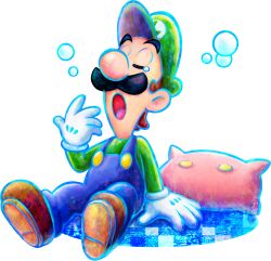 Rule 34 | 1boy, artist request, big nose, blue outline, blue overalls, brown footwear, brown hair, buttons, cabbie hat, closed eyes, facial hair, full body, gloves, green hat, green sleeves, hand on ground, hand up, hat, highres, long sleeves, luigi, male focus, mario &amp; luigi: dream team, mario &amp; luigi rpg, mario (series), mustache, nintendo, official art, open mouth, outline, overalls, pillow, shoes, short hair, sitting, solo, squeans, tearing up, thick eyebrows, transparent background, very short hair, white gloves, yawning