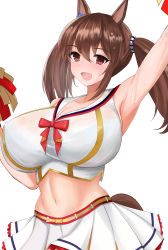 Rule 34 | alternate costume, animal ears, arm up, armpits, blush, breasts, brown hair, cheerleader, cleavage, commentary request, highres, hishi akebono (umamusume), horse ears, horse tail, large breasts, midriff, navel, nice nature (run&amp;win) (umamusume), open mouth, pom pom (cheerleading), red eyes, sayashi (type5 labyrith), simple background, sweat, tail, umamusume, white background