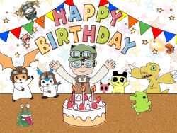 Rule 34 | agumon, cake, digimon, digimon (creature), food, fruit, goggles, goggles on head, happy birthday, hat, legendz, numemon, open mouth, shiron (legendz), strawberry, tamagotchi, tongue, tongue out, watanabe kenji (person), wings