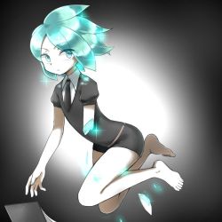 Rule 34 | amputee, androgynous, aqua eyes, aqua hair, bare shoulders, barefoot, black necktie, black shirt, black shorts, collared shirt, commentary request, eyes visible through hair, gender request, grey background, houseki no kuni, kai himo, looking at viewer, necktie, notebook, phosphophyllite, puffy short sleeves, puffy sleeves, shirt, short hair, short sleeves, shorts, solo, white shirt, wing collar