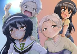 Rule 34 | 2girls, :d, absurdres, aged down, bad id, bad twitter id, before and after, black hair, black neckerchief, blouse, blush, brown eyes, carrying, clenched hand, closed mouth, commentary, daxz240r, frown, girls und panzer, grandmother and granddaughter, green kimono, grimace, hair bun, hairband, half-closed eyes, highres, japanese clothes, kimono, long hair, long sleeves, looking at another, multiple girls, neckerchief, obi, ooarai school uniform, open mouth, overalls, parted bangs, parted lips, piggyback, reizei hisako, reizei mako, role reversal, sash, school uniform, serafuku, shirt, short hair, short sleeves, silver hair, single hair bun, smile, v-shaped eyebrows, white hairband, white shirt, yellow shirt