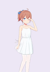 Rule 34 | 1girl, ;), absurdres, abwan, ahoge, bare arms, bare shoulders, blue bow, bow, brown hair, closed mouth, collarbone, commentary request, dress, feet out of frame, hair bow, hand up, highres, one eye closed, original, pantyhose, pleated dress, ponytail, purple background, simple background, sleeveless, sleeveless dress, smile, solo, standing, white dress, white pantyhose