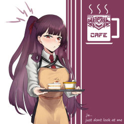 Rule 34 | 1girl, apron, blush, cafe, english text, girls&#039; frontline, hair ribbon, highres, long sleeves, necktie, one side up, purple hair, red eyes, red necktie, red ribbon, ribbon, solo, taru kira, tray, tsundere, wa2000 (girls&#039; frontline)