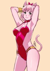 Rule 34 | 1girl, animal ears, arms up, breasts, collar, colored skin, ganto, green eyes, looking at viewer, meeya, pink hair, pink skin, rpg densetsu hepoi, short hair, simple background, small breasts, tail, thighs