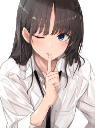 Rule 34 | 1girl, ;), absurdres, black necktie, blue eyes, blush, breast pocket, brown hair, closed mouth, collared shirt, commentary request, earrings, finger to mouth, fingernails, flower earrings, fuu (fuore), highres, index finger raised, jewelry, long fingernails, long hair, long sleeves, mole, mole under eye, nail polish, necktie, one eye closed, original, pink nails, pocket, shirt, shushing, simple background, smile, solo, white background, white shirt, wing collar