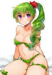Rule 34 | 1girl, bare shoulders, breasts, dryad (terraria), female focus, fire emblem, green hair, large breasts, looking at viewer, naso4, nintendo, pointy ears, ponytail, purple eyes, simple background, smile, solo, terraria, thighs, tiki (fire emblem), white background